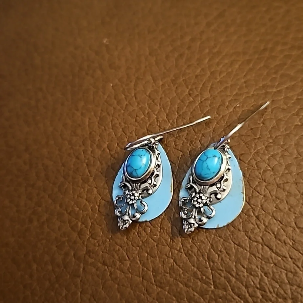 SILVER FOREST Teal Layered Filigree Teardrop Dangle Hook Earrings